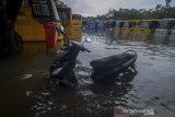 Sejumlah bus sekolah dan Trans Metro Bandung (TMB) yang terparkir di Balai Pengujian Kendaraan Dinas Perhubungan terendam banjir di Bandung, Jawa Barat, Sabtu (25/1/2020). Untuk pertama kalinya, pool bus sekolah dan TMB terendam air banjir hingga 80 sentimeter akibat intensitas hujan yang tinggi pada Jumat (24/1) sehingga pelayanan dan aktivitas di pool tersebut terhenti. ANTARA JABAR/Raisan Al Farisi/agr