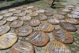 Pekerja menjemur kerupuk kulit ikan remang di Kenanga, Indramayu, Jawa Barat, Selasa (28/1/2020). Kerupuk kulit ikan remang tersebut kemudian dikirim ke berbagai daerah dan dijual seharga Rp100 ribu per kilogram. ANTARA JABAR/Dedhez Anggara/agr