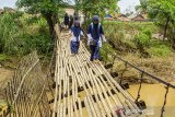 Sejumlah pelajar melintasi jembatan gantung di Cilamaya Wetan, Karawang, Jawa Barat, Jumat (7/2/2020). Jembatan gantung yang menjadi alternatif penyeberangan antara Kabupaten Karawang dan Kabupatan Subang tersebut dalam keadaan rusak sehingga dapat membahayakan warga yang melintas. ANTARA JABAR/M Ibnu Chazar/agr