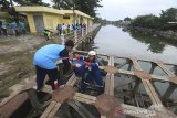 Sejumlah warga membersihkan sampah di sekitar sungai Cimanuk, Indramayu, Jawa Barat, Sabtu (22/2/2020). Aksi bersih sungai yang diikuti berbagai kalangan masyarakat tersebut dalam rangka memperingati Hari Peduli Sampah Nasional. ANTARA JABAR/Dedhez Anggara/agr