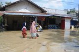 Warga melintasi banjir di Desa Laden, Pamekasan, Jawa Timur, Minggu (23/2/2020). Hujan deras selama hampir enam jam pada hari Sabtu (22/2) menyebabkan sungai yang membelah kota kabupaten tersebut, meluap dan menggenangi ratusan pemukiman warga dengan ketinggian air hingga 160 cm. Antara Jatim/Saiful Bahri/zk