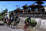 Peserta memacu kecepatan sepedanya saat mengikuti balap sepeda Gran Fondo New York (GFNY) Bali 2020 di wilayah Bangli, Bali, Minggu (23/2/2020). Kejuaraan balap sepeda jalan raya tersebut melombakan dua kategori rute yaitu, Long Distance (134 km) dan Medium Distance (103 km) dengan melewati empat wilayah kabupaten di Bali yaitu Gianyar, Klungkung, Karangasem dan Bangli. ANTARA FOTO/Fikri Yusuf/nym