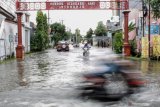 Pengendara menerobos banjir yang merendam kawasan Sidokare, Sidoarjo, Jawa Timur, Selasa (25/2/2020). Sejumlah wilayah di Kabupaten Sidoarjo, Jawa Timur terendam banjir dengan ketinggian yang bervariasi menyusul tingginya intensitas hujan yang terjadi di wilayah setempat sejak Senin (24/2). Antara Jatim/Umarul Faruq/zk