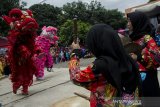 Seniman menampilkan kesenian Barongsai pada acara Festival Pesona Budaya Bauran Cap Golak di Bandung, Jawa Barat, Sabtu (29/2/2020). Festival akulturasi budaya Sunda dan Tinghoa tersebut menampilkan sejumlah kesenian seperti Reak, Benjang, Barongsai, tari hingga batik bagi anak difabel sebagai bentuk pelestarian serta daya tarik pariwisata di Jawa Barat khususnya Kota Bandung. ANTARA JABAR/Novrian Arbi/agr