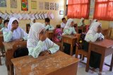 SISWA BELAJAR DI RUANG KELAS YANG BAU LIMBAH. Siswa Madrasah Ibtidaiyah (MI) Negeri 3 belajar sambil menutup hidung di Desa Pecinan, Mangaran, Situbondo, Jawa Timur, Kamis (13/2/2020). Sebanyak 135 siswa terpaksa belajar di ruang kelas yang bau limbah, diduga berasal dari tambak udang yang tidak mempunyai instalasi pengolahan air limbah (ipal). Antara Jatim/Seno./zk