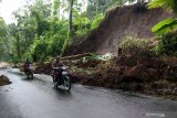 Warga melintas di area longsor di Kluncing, Banyuwangi, Jawa Timur, Rabu (4/3/2020). Tanah longsor yang membawa material lumpur dan pepohonan pada selasa (3/3) malam akibat hujan deras itu, mengakibatkan sebagian akses jalan tertutup material longsoran dan menutup saluran air. Antara Jatim/Budi Candra Setya/zk.