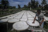 Seorang buruh kerja menjemur tepung tapioka yang telah digiling di Kampung Ganeas, Kabupaten Sumedang, Jawa Barat, Sabtu (21/3/2020). Pekerja menyatakan pada musim penghujan produksi tepung tapioka menurun hingga 50 persen atau hanya 2 ton perhari dibandingkan pada musim kemarau yang dapat memproduksi 4 ton tepung tapioka perhari. ANTARA JABAR/Raisan Al Farisi/agr