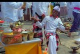 Umat Hindu yang kesurupan menusukkan keris ke dada dalam upacara Melasti di Pantai Petitenget, Badung, Bali, Minggu (22/3/2020). Upacara rangkaian Hari Raya Nyepi Tahun Baru Caka 1942 tersebut dilaksanakan terbatas hanya beberapa orang tiap desa adat sesuai arahan Parisada Hindu Dharma Indonesia (PHDI) untuk mencegah penularan wabah COVID-19 atau Virus Corona. ANTARA FOTO/Nyoman Hendra Wibowo/nym.