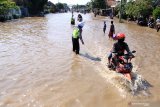 Kendaraan bermotor menerobos banjir yang menggenangi kawasan Jalan Raya Pantura Kraton, Pasuruan, Jawa Timur, Selasa (14/4/2020). Banjir sedalam satu meter yang hampir melumpuhkan Jalur Pantura tersebut terjadi akibat meluapnya Sungai Welang setelah diguyur hujan sejak Senin (13/4) malam. Antara Jatim/Umarul Faruq/zk