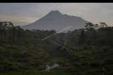 Puncak Gunung Merapi terlihat dari Sungai Gendol, Bronggang, Cangkringan, Sleman, DI Yogyakarta, Minggu (3/5/2020). Menurut laporan Balai Penyelidikan dan Pengembangan Teknologi Kebencanaan Geologi (BPPTKG) Yogyakarta pada tanggal 24 - 30 April 2020 aktivitas Gunung Merapi masih cukup tinggi tercatat 10 kali gempa hembusan, 47 kali gempa fase banyak, 16 kali gempa guguran dan 8 kali gempa tektonik dengan potensi bahaya berupa awan panas dari runtuhnya kubah lava jika terjadi letusan eksplosif. ANTARA FOTO/Hendra Nurdiyansyah/nym.