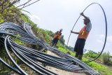 Sejumlah pekerja menyelesaikan pemasangan kabel fiber optik dalam proyek peremajaan jaringan milik XL Axiata di Desa Cisalada, Purwakarta, Jawa Barat, Kamis (11/6/2020). PT. XL Axiata Tbk meremajakan kabel fiber optik yang menghubungkan jalur jaringan Cimahi hingga Purwakarta sepanjang 60 Km guna meningkatkan kualitas jaringan dari perkotaan hingga pedesaan seiring diremajakannya beberapa jalur jaringan di Jawa Barat seperti Bandung-Garut dan Garut-Tasikmalaya. ANTARA JABAR/M Ibnu Chazar/agr