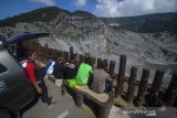 Pengunjung menikmati pemandangan kawah ratu di Taman Wisata Alam Gunung Tangkuban Parahu di Kabupaten Subang, Jawa Barat, Sabtu (13/6/2020). Setelah tiga bulan berhenti beroperasi akibat pandemi COVID-19, TWA Tangkuban Parahu kembali dibuka untuk wisatawan dengan menerapkan protokol kesehatan serta pembatasan pengunjung. ANTARA JABAR/Raisan Al Farisi/agr