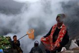 Warga menunggu sesaji yang dilempar di kawah untuk diambil pada ritual adat Yadnya Kasada di Tengger, Gunung Bromo, Probolinggo, Jawa Timur, Senin (6/7/2020). Upacara lelabuh pada rangkaian ritual yadnya kasada itu, sebagai sesembahan suku Tengger kepada Sang Hyang Widhi. Antara Jatim/Budi Candra Setya/zk