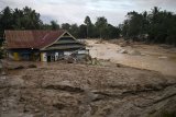 Sebuah rumah tenggelam lumpur akibat banjir bandang di Desa Radda, Kabupaten Luwu Utara, Sulawesi Selatan, Selasa (14/7/2020). Akibat banjir bandang tersebut mengakibatkan 10 orang meninggal dunia dan ratusan rumah tertimbun lumpur. ANTARA FOTO/Hariandi Hafid/yu/hp.