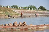 Warga memancing ikan di Waduk Saradan yang volume airnya mulai menyusut di Kabupaten Madiun, Jawa Timur, Sabtu (25/7/2020). Memasuki awal musim kemarau waduk seluas sekitar 1.000 hektare tersebut volume airnya sudah mulai menyusut, sehingga sebagian warga memanfaatkannya untuk memancing ikan. Antara Jatim/Siswowidodo/zk.