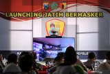 Pangdam V/Brawijaya Mayjen TNI Widodo Iryansyah memberi sambutan secara virtual saat Launcing Jatim Bermasker di Balai Desa Pepelegi, Waru, Sidoarjo, Jawa Timur, Kamis (6/8/2020). Pemerintah Provinsi Jawa Timur terus berupaya untuk menekan penyebaran COVID-19 diantaranya dengan menerapkan protokol kesehatan, membagikan masker secara gratis dan menggelorakan gerakan 