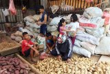Pedagang ubikayu (singkong) dan aneka umbi-umbian di kawasan Pasar Anyar, Kota Bogor, Provinsi Jawa Barat, saat melayani pembelinya, di Bogor, Rabu (19/08/2020). Harga Singkong tersebut rata-rata berkisar Rp4.000/Kg. Selain untuk bahan baku aneka kue, singkong juga banyak dikonsumsi warga dengan direbus dan atau digoreng. (Foto: ANTARA/M.Tohamaksun). 