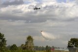 Helikopter milik Badan Nasional Penanggulangan Bencana (BNPB) melakukan water bombing di atas lahan gambut yang terbakar di Kawasan Liang Anggang, Banjarbaru, Kalimantan Selatan, Kamis (27/8/2020). Badan Penanggulangan Bencana Daerah (BPBD) Kalsel mengoperasikan empat helikopter 