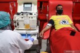 Pasien sembuh COVID-19 mendonorkan plasma darahnya di Unit Tranfusi Darah (UTD) PMI Sidoarjo, Jawa Timur, Sabtu (29/8/2020). Pengambilan Plasma konvalesen atau plasma darah dari pasien yang sembuh COVID-19 yang menggunakan alat apheresis tersebut bertujuan untuk membantu penyembuhan dan terapi pasien terkonfirmasi COVID-19. Antara Jatim/Umarul Faruq/zk