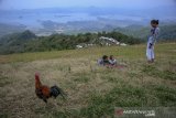 Wisatawan menikmati pemandangan Waduk Jatigede di wisata alam Puncak Batu Dua, Cisitu, Kabupaten Sumedang, Jawa Barat, Selasa (8/9/2020). Wisata Puncak Batu Dua menjadi potensi ekonomi melalui sektor pariwisata di Kabupaten Sumedang yang menawarkan panorama Waduk Jatigede, Gunung Tampomas, dan Lansekap Kota Sumedang. ANTARA JABAR/Raisan Al Farisi/agr