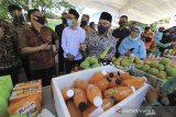 Menteri Koperasi dan Usaha Kecil Menengah (UKM) Teten Masduki (tengah) meninjau produk unggulan saat pameran Gelar Produk UMKM di Indramayu, Jawa Barat, Kamis (10/9/2020). Kegiatan tersebut untuk mendorong kreativitas dan inovasi UMKM dalam upaya mengangkat daya tawar produk ke posisi yang lebih baik di masa pandemi COVID-19. ANTARA JABAR/Dedhez Anggara/agr