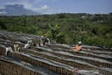 Pekerja menjemur batu bata merah yang sudah dicetak di Margawati, Kabupaten Garut, Jawa Barat, Jumat (11/9/2020). Produksi batu bata merah mengalami peningkatan saat musim kemarau dari semula 4.000 menjadi 5.000 buah per hari yang dijual Rp 500 ribu per 1.000 buah. ANTARA JABAR/Candra Yanuarsyah/agr