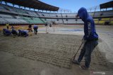 Pekerja membuat lubang untuk pemasangan bibit rumput di lapangan Stadion Gelora Bung Tomo (GBT), Surabaya, Jawa Timur, Jumat (18/9/2020). Sejumlah perbaikan di stadion tersebut terus dikebut guna mendukung sarana dan prasarana perhelatan Piala Dunia U-20 yang akan diselenggarakan pada 2021 mendatang. Antara Jatim/Moch Asim/zk.