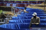 Petugas memeriksa kadar asam dan memberikan pakan di kolam ternak ikan lele di lahan Wisata Pertanian Terpadu Sekemala, Cisurupan, Bandung, Jawa Barat, Senin (21/9/2020). Pemerintah Kota Bandung mengubah lahan seluas dua hektare menjadi lahan wisata pertanian terpadu yang menyuguhkan beragam budidaya ternak ikan seperti lele dan nila serta pertanian yang bertujuan untuk memberikan edukasi kepada masyarakat sekaligus bagian dari program ketahanan pangan di Kota Bandung. ANTARA JABAR/Raisan Al Farisi/agr