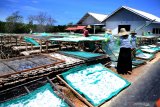 Pekerja menjemur ikan teri nasi di Desa Pegagan, Pamekasan Jawa Timur, Senin (5/10/2020). Dalam satu bulan terakhir tangkapan ikan teri yang diekspor ke Singapura dan Jepang itu, menurun menjadi tiga ton dari biasanya lima ton per hari. Sementara harga komuditas tersebut ditingkat pengepul berkisar Rp100 ribu hingga Rp150 ribu per kg kering. Antara Jatim/Saiful Bahri/zk