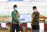 Bupati Tabalong Anang Syakhfiani (kanan) menerima bantuan yang di serahkan Direktur Utama Bank Kalsel Agus Syabarrudin (kiri) saat gathering bersama petani dan stakeholder di Desa Nalui, Kecamatan Jaro, Kabupaten Tabalong, Kalimantan Selatan, Selasa (13/10/2020). Bank Kalsel kembali menggelar gathering jilid III dari rangkaian roadshow Bank Kalsel untuk meningkatkan kemitraan dengan petani sekaligus bentuk komitmen Bank Kalsel mendukung ketahanan pangan di Kalimantan Selatan. Foto Antaranews Kalsel/Ho-Humas Bank Kalsel/Bay.