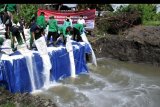 Petugas memusnahkan barang rampasan negara berupa amonium nitrat (NH4NO3) di kawasan Pantai Biaung, Denpasar, Bali, Selasa (3/11/2020). Pusat Pemulihan Aset Kejaksaan Agung RI bersama dengan Kejaksaan Tinggi Bali memusnahkan total 92.625 kilogram amonium nitrat dari dua perkara yang ditangani Kejari Denpasar dan Kejari Karangasem yang sebelumnya disimpan di Rumah Penyimpanan Benda Sitaan Kelas I Denpasar. ANTARA FOTO/Fikri Yusuf/nym.