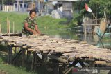 Pekerja menjemur ikan jambal kering di desa Pabean udik, Indramayu, Jawa Barat, Senin (9/11/2020). Kementerian Kelautan dan Perikanan per 31 Oktober 2020 telah menyalurkan bantuan pinjaman modal perikanan sebesar Rp601 miliar untuk nelayan, pembudidaya, pengolah dan pemasar hasil perikanan, petambak garam serta pelaku usaha di wilayah pesisir. ANTARA JABAR/Dedhez Anggara/agr