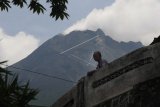 Seorang warga beraktivitas dengan berlatar belakang Gunung Merapi di Klakah, Selo, Boyolali, Jawa Tengah, Rabu (11/11/2020). Berdasarkan data pengamatan Balai Penyelidikan dan Pengembangan Teknologi Kebencanaan Geologi (BPPTKG) periode (10/11/2020), tercatat kegempaan 54 guguran, 33 vulkanik dangkal, 63 hembusan dan 294 fase banyak. ANTARA FOTO/Aloysius Jarot Nugroho/nym.