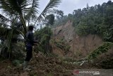 Warga memelihat kondisi tebing yang longsor di Cisewu, Kabupaten Garut, Jawa Barat, Sabtu (5/12/2020). Curah hujan tinggi dan kurangnya pohon tegakan mengakibatkan tebing Gunung Pipiti yang berada di kawasan milik Perhutani mengalami longsor dan menimbun area persawahan milik warga seluas 20 hektare. ANTARA JABAR/Candra Yanuarsyah/agr