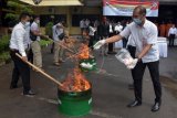 Anggota polisi Direktorat Reserse Narkoba (Ditresnarkoba) Polda Bali memusnahkan barang bukti dalam konferensi pers hasil ungkap kasus narkotika di Mapolda Bali, Denpasar, Bali, Senin (28/12/2020). Kegiatan tersebut memusnahkan barang bukti narkotika hasil penangkapan selama periode bulan Januari hingga Desember 2020, yaitu Sabu-sabu 5.721,38 gram netto, Ganja 17.089,44 gram netto, Pohon Ganja 11 batang, Hasish 64,59 gram netto, Kokain 64,87 gram netto, Ekstasi 5.114 butir dan 172,55 gram netto, Tembakau Gorilla 835,48 gram netto serta obat telarang 41.370,04 butir. ANTARA FOTO/Nyoman Hendra Wibowo/nym.