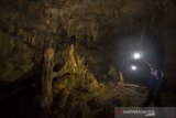 Pemandu wisata menunjukkan batuan stalagmit di goa Liang Tapah di Desa Geragata, Kabupaten Tabalong, Kalimantan Selatan, Selasa (29/12/2020). Goa Liang Tapah merupakan salah satu wisata alam yang termasuk geosite di wilayah Geopark Meratus di Provinsi Kalimantan Selatan yang ramai dikunjungi wisatawan saat hari libur. Foto Antaranews Kalsel/Bayu Pratama S.