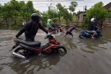 Sejumlah pengendara mendorong sepeda motor saat melewati banjir yang menggenangi kawasan jalan Tukad Batanghari, Kelurahan Panjer, Denpasar, Selasa (5/1/2021). Meningkatnya curah hujan yang mengguyur wilayah Bali tersebut menyebabkan sejumlah kawasan di Denpasar terendam banjir. ANTARA FOTO/Nyoman Hendra Wibowo/nym.