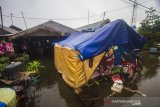 Seorang warga berada di tenda darurat di depan rumahnya yang terendam banjir akibat luapan Sungai Martapura di Desa Sungai Rangas Ambuku, Kabupaten Banjar,  Kalimantan Selatan, Kamis (7/1/2021).Menurut warga setempat, banjir akibat luapan Sungai Martapura sudah berlangsung selama 15 hari merendam kawasan tersebut sehingga mengganggu aktivitas warga, dan hingga Kamis (7/1/2021) pemerintah daerah belum memberikan bantuan apapun. Foto Antaranews Kalsel/Bayu Pratama S.