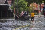 Warga menggunakan jasa gerobak angkut untuk melintas di Jalan Trans Kalimantan yang terendam banjir di Desa Banua Raya, Kecamatan Bati-Bati, Kabupaten Tanah Laut, Kalimantan Selatan, Senin (11/1/2021). Banjir yang melanda sejumlah kawasan di Kecamatan Bati Bati mengakibatkan jalan Trans Kalimantan yang menghubungkan Kota Banjarmasin-Kabupaten Tanah Bumbu dan Provinsi Kalimantan Timur tersebut lumpuh akibat terendam banjir. Foto Antaranews Kalsel/Bayu Pratama S.