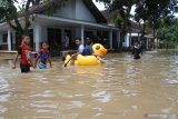 Warga melintasi banjir untuk mengungsi di Balai Desa Wonoasri, Tempurejo, Jember, Jawa Timur, Jumat (15/1/2021). Sebanyak 2.558 KK di wilayah tersebut terdampak banjir dengan ketinggian air  hingga dua meter. Antara Jatim/Seno/ZK