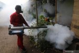 Petugas Dinas Kesehatan melakukan pengasapan (fogging) di Kelurahan Ketami, Kota Kediri, Jawa Timur, Senin (25/1/2020). Pengasapan di daerah endemik wabah deman berdarah tersebut guna mengendalikan perkembangbiakan nyamuk penyebaran virus dengue sekaligus sebagai sarana edukasi kepada masyarakat pentingnya menjaga kebersihan lingkungan. Antara Jatim/Prasetia Fauzani/ZK