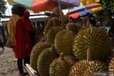 Penjual menawarkan buah durian di area pasar musiman di Pagotan, Kabupaten Madiun, Jawa Timur, Minggu (14/2/2021). Kawasan tersebut dimanfaatkan penjual musiman untuk berdagang durian hasil produksi petani lereng Gunung Wilis dengan harga Rp25 ribu-Rp80 ribu per buah durian lokal dan Rp150 ribu-250 ribu per buah durian montong. Antara Jatim/Siswowidodo/zk.