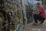 Seniman menyelesaikan lukisan berbahan dasar sampah eceng gondok di Banyuresmi, Kabupaten Garut, Jawa Barat, Jumat (19/2/2021). Lukisan tersebut dibuat guna mengedukasi masyarakat tentang pemanfaatan sampah eceng gondok selain dari meningkatkan nilai seni pada lukisan tersebut. ANTARA JABAR/Candra Yanuarsyah/agr