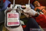 Petugas Palang Merah Indonesia (PMI) mengambil darah para pendonor di Terminal Transit Gapuraning Rahayu, Kabupaten Ciamis, Jawa Barat, Senin (1/3/2021). PMI setempat menggalakkan donor darah seperti di fasilitas publik guna memenuhi stok stok darah di Ciamis terutama selama pandemi COVID-19. ANTARA JABAR/Adeng Bustomi/agr