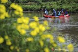 Sejumlah anggota komunitas membersihkan sampah di bantaran sungai saat aksi bersih Sungai Citarik di Desa Cibodas, Solokan Jeruk, Kabupaten Bandung, Jawa Barat, Minggu (14/3/2021). Aksi bersih Sungai Citarik yang diikuti oleh berbagai komunitas pecinta alam dan lingkungan tersebut digelar dalam rangka menyambut Hari Air Sedunia yang jatuh pada 22 Maret mendatang serta sebagai salah satu langkah untuk memaksimalkan potensi wisata di daerah aliran sungai. ANTARA JABAR/Raisan Al Farisi/agr