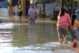 Warga melintasi banjir di desa Babadan, Kecamatan Sindang, Indramayu, Jawa Barat, Jumat (26/3/2021). Banjir akibat luapan sungai Cimanuk itu merendam puluhan rumah di dua desa yang berada di sekitar sungai tersebut. ANTARA JABAR/Dedhez Anggara/agr