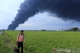 Petani melintas di areal sawah dengan latar belakang asap hitam yang mebubung tinggi akibat kebakaran tangki minyak milik Pertamina RU VI Balongan di desa Sukaurip, Balongan, Indramayu, Jawa Barat, Selasa (30/3/2021). Memasuki hari kedua, Kobaran api dan kepulan asap hitam pekat masih belum padam dan pihak Pertamina terus mengupayakan pemadaman api di area terdampak dengan memompa air laut untuk memadamkan api. ANTARA JABAR/Dedhez Anggara/agr