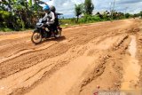 Pengendara sepeda motor melintas di ruas jalan Margasari-Marabahan yang rusak di Kabupaten Tapin, Kalimantan Selata, Rabu (31/3/2021). Dinas Pekerjaan Umum dan Penataan Ruang (PUPR) Tapin menyatakan bahwa proses lelang telah selesai, selanjutnya perbaikan ruas jalan Margasari-Marabahan sepanjang 5 km antara Desa Margasari Hilir dan Desa Sungai Puting Kecamatan Candi Laras Utara (CLU) sisa jalan yang belum di aspal direncanakan dikerjakan pada April 2021. Foto Antaranews Kalsel/Bayu Pratama S.