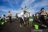 Pejabat Gubernur Kalimantan Selatan Safrizal ZA menanam bibit pohon saat kick off Rehabilitasi Hutan dan Lahan (RHL) APBN 2021 dan penanaman satu juta pohon se-Kalsel di kawasan RTH Embung Lok Kudat, Banjarbaru, Kalimantan Selatan, Jumat (9/4/2021). Pemerintah Provinsi Kalimantan Selatan kembali menggalakkan program menanam satu juta pohon di Kalimantan Selatan sebagai upaya pelestarian lingkungan dan mitigasi bencana. Foto Antaranews Kalsel/Bayu Pratama S.