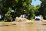 Pengendara menerobos jalan yang terendam banjir di Kwadungan, Ngawi, Jawa Timur, Minggu (11/4/2021). Banjir Sungai Madiun merendam sejumlah desa di wilayah tersebut mengakibatkan sejumlah ruas jalan dan puluhan hektare sawah yang memasuki musim tanam padi terendam. Antara Jatim/Siswowidodo/zk.